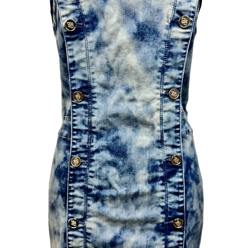 Bebe Denim Bodycon Mini Dress Blue Acid Wash Women’s 8 Y2K 2000s Club McBling - Picture 16 of 16